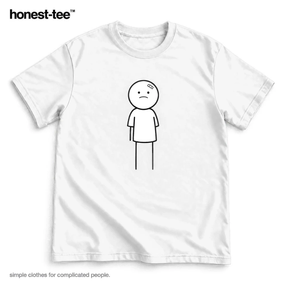 White Twig signature T-shirt with a black drawing of Twig and his forehead bandage.